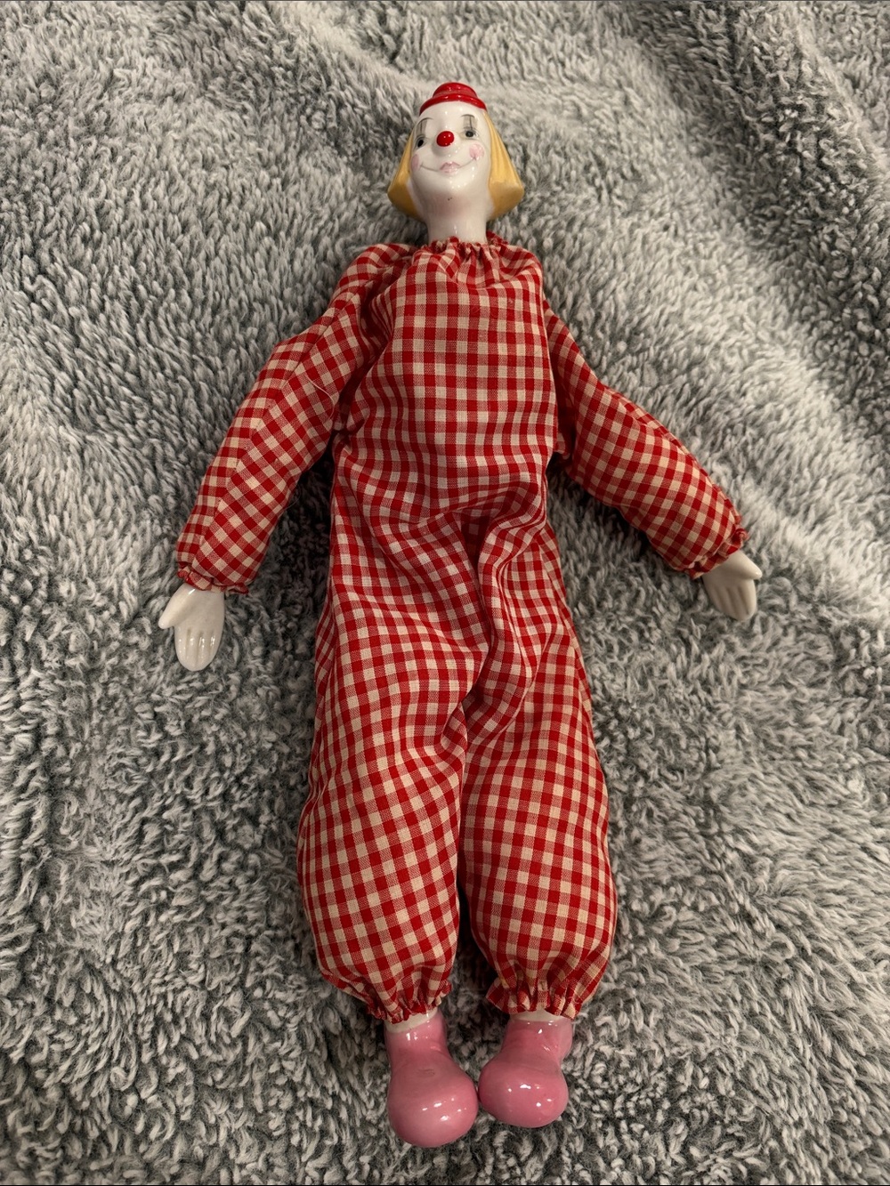 Vintage Enesco 1983 Porcelain Red Checkered Clown Doll